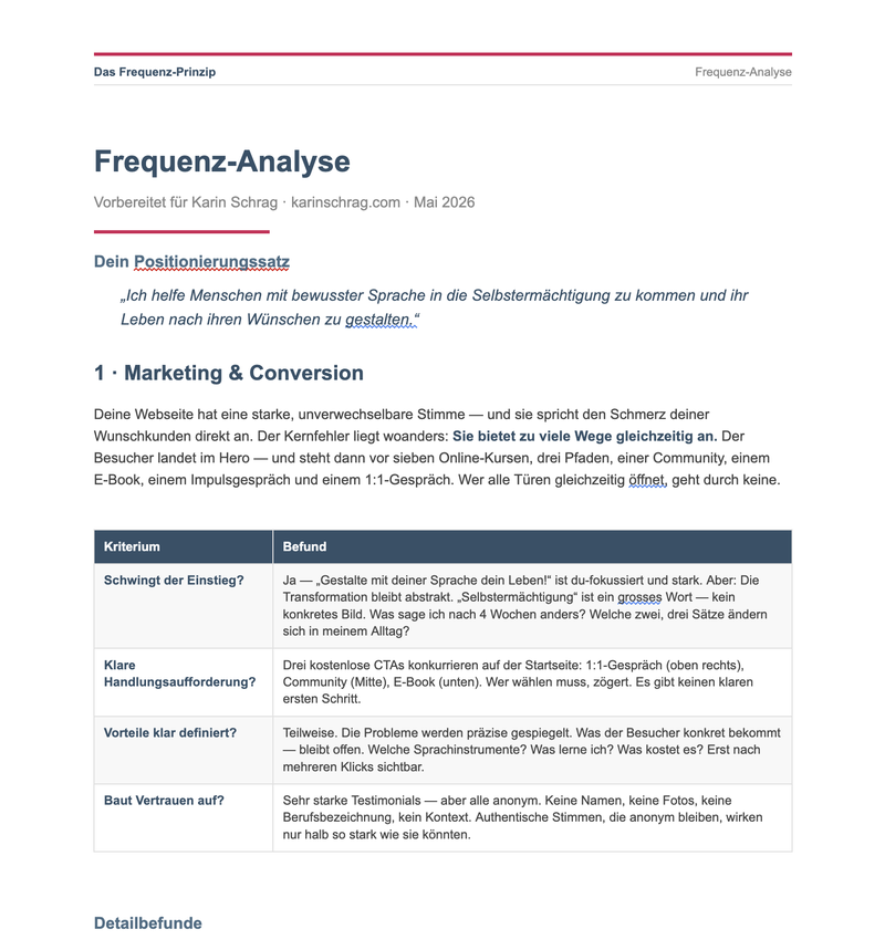 Beispiel einer echten Frequenz-Analyse: Positionierungssatz, Marketing- und Conversion-Befunde als Dokument